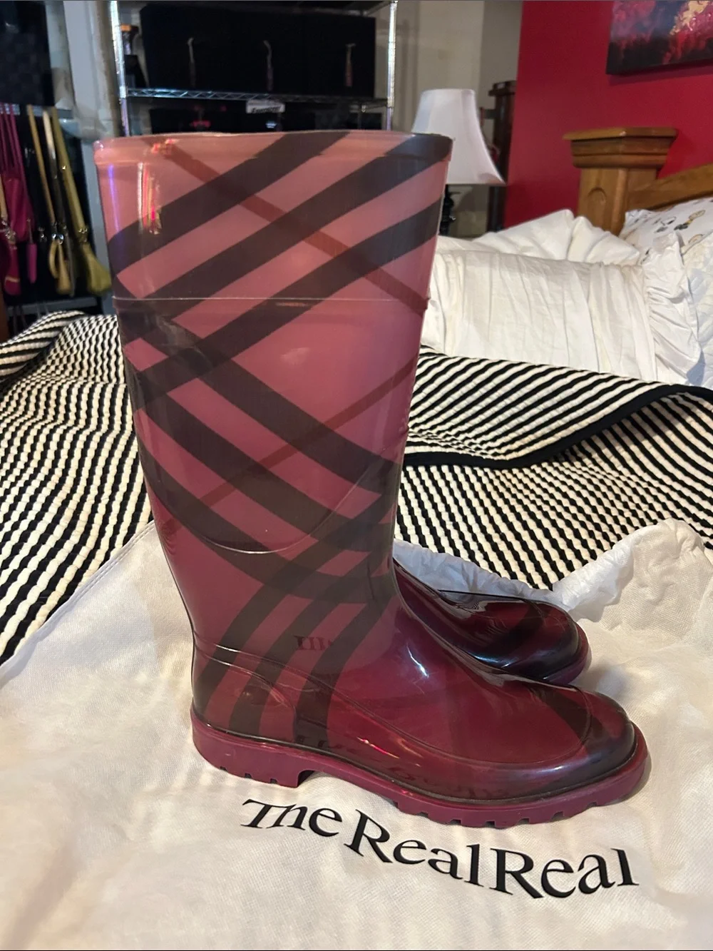 Burberry Burgundy Patterned Women's Rain Boots